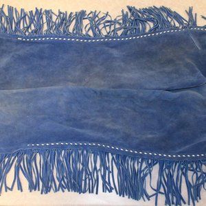 Blue Leather Chaps with fringe and white buck stitching